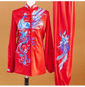 Customized red with blue phoenix embroidered pattern chinese kung fu tai chi clothing for women and men tai ji quan chang quan wushu competition uniforms